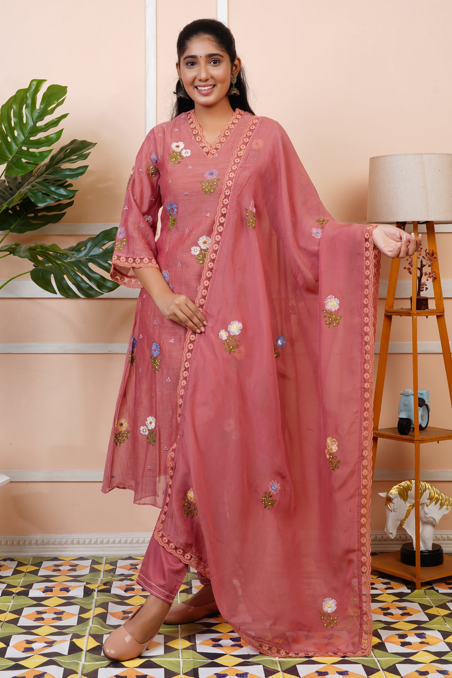 Women Rust Embroidered Partywear Mul Chanderi Kurta set With Dupatta | LASVINI
