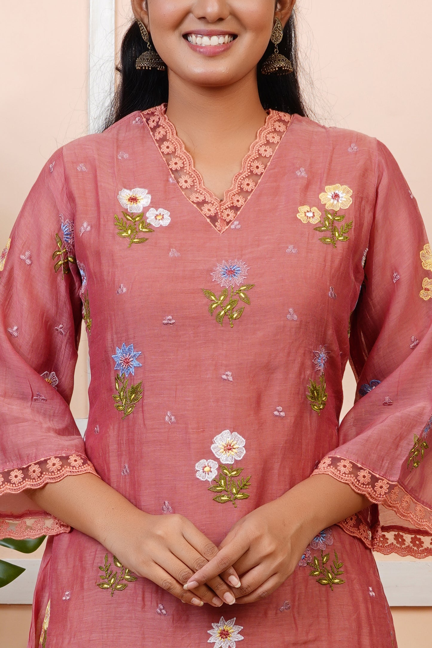Women Rust Embroidered Partywear Mul Chanderi Kurta set With Dupatta | LASVINI