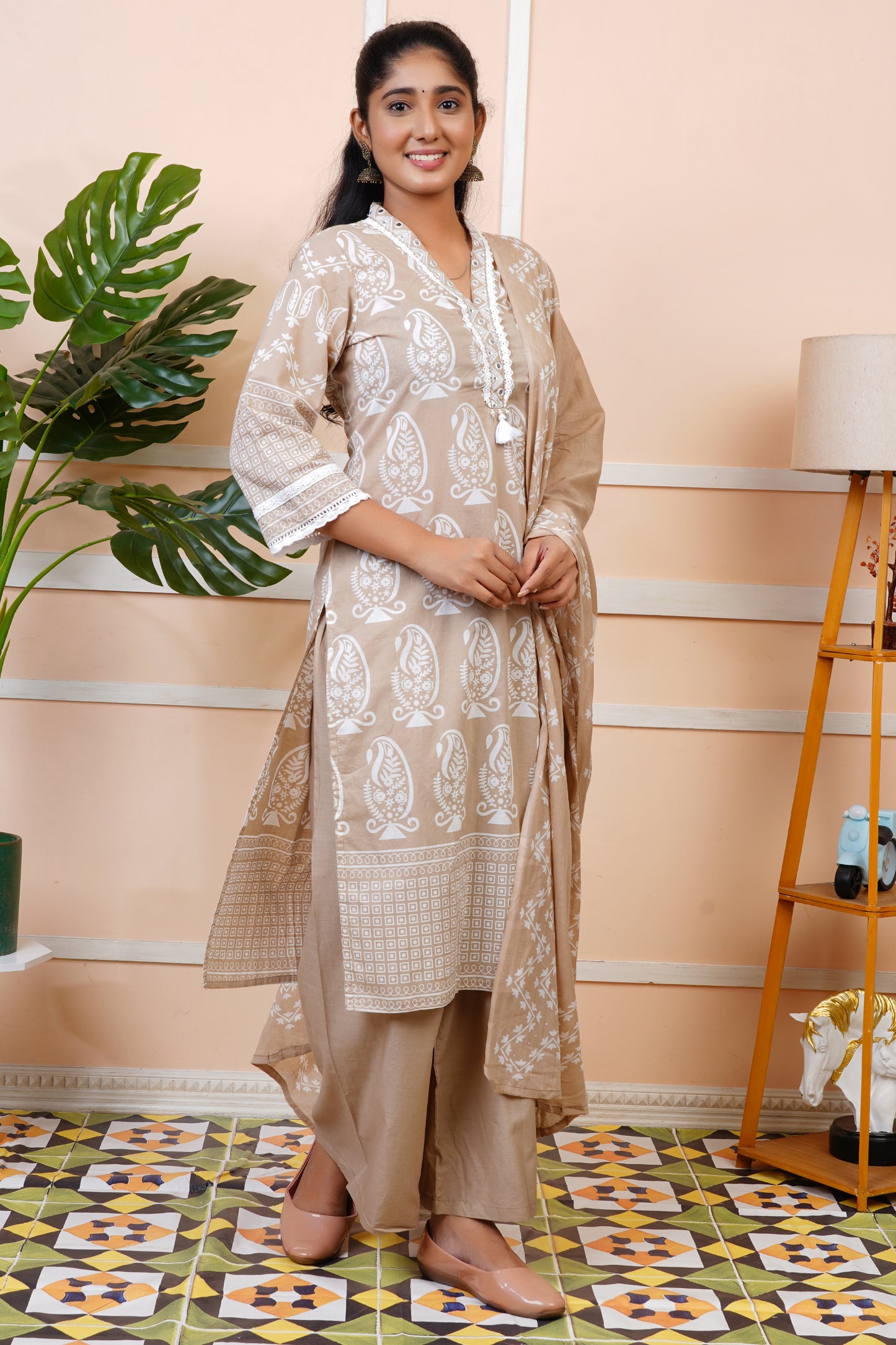 Women Brown Printed Mul Cotton Kurta Set with Dupatta | LASVINI