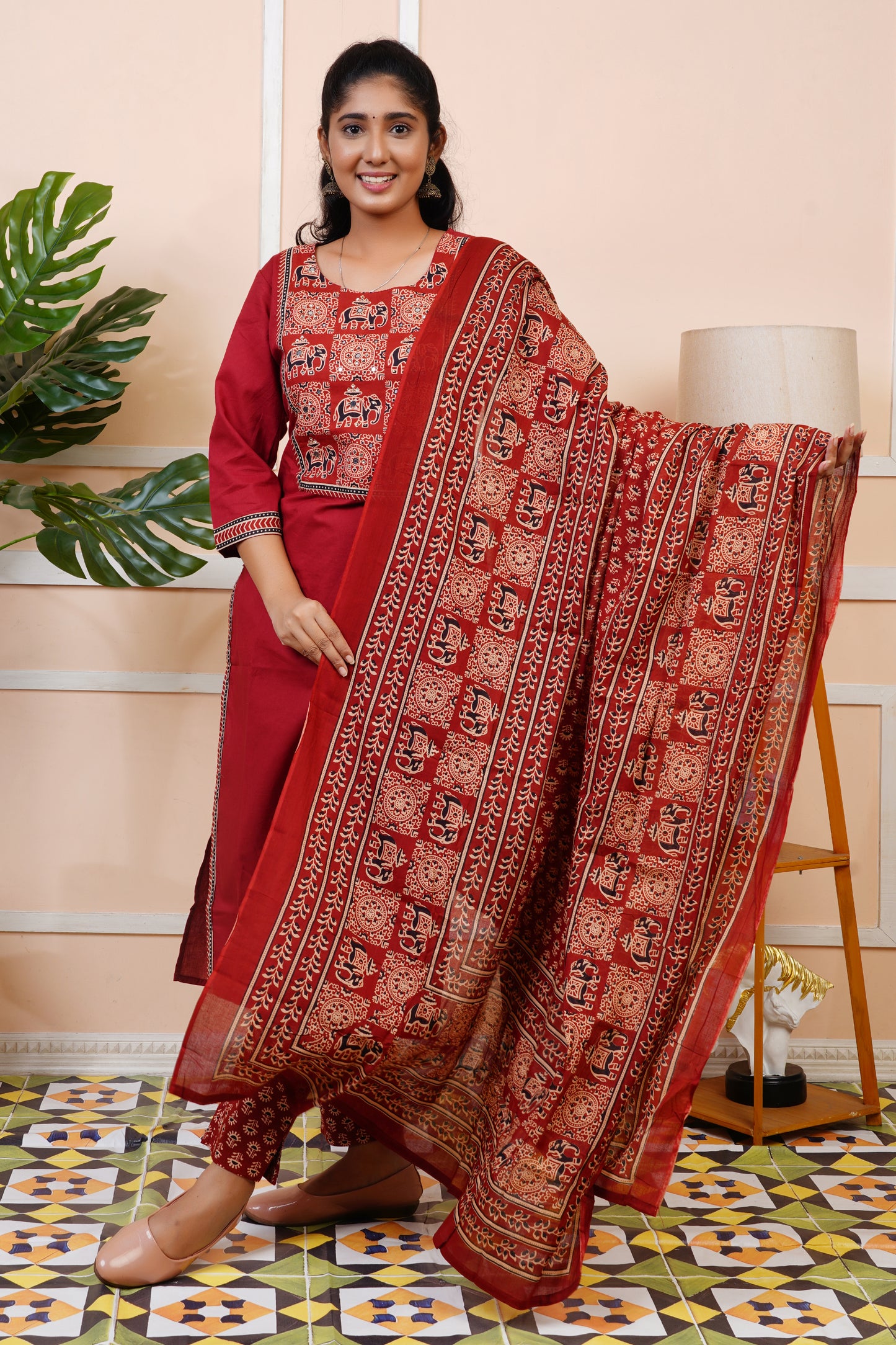 Women Red Printed Cotton Kurti Set with Dupatta | LASVINI