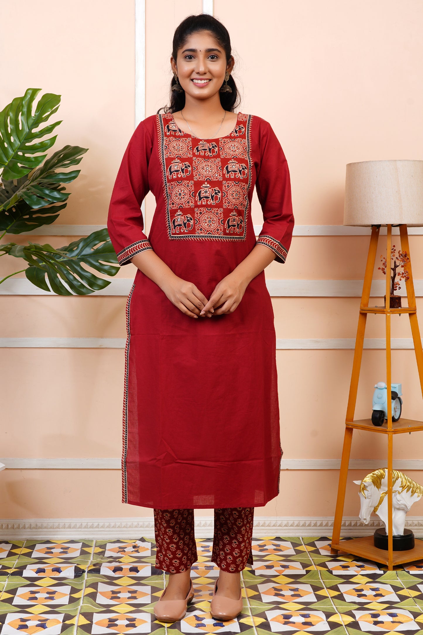 Women Red Printed Cotton Kurti Set with Dupatta | LASVINI