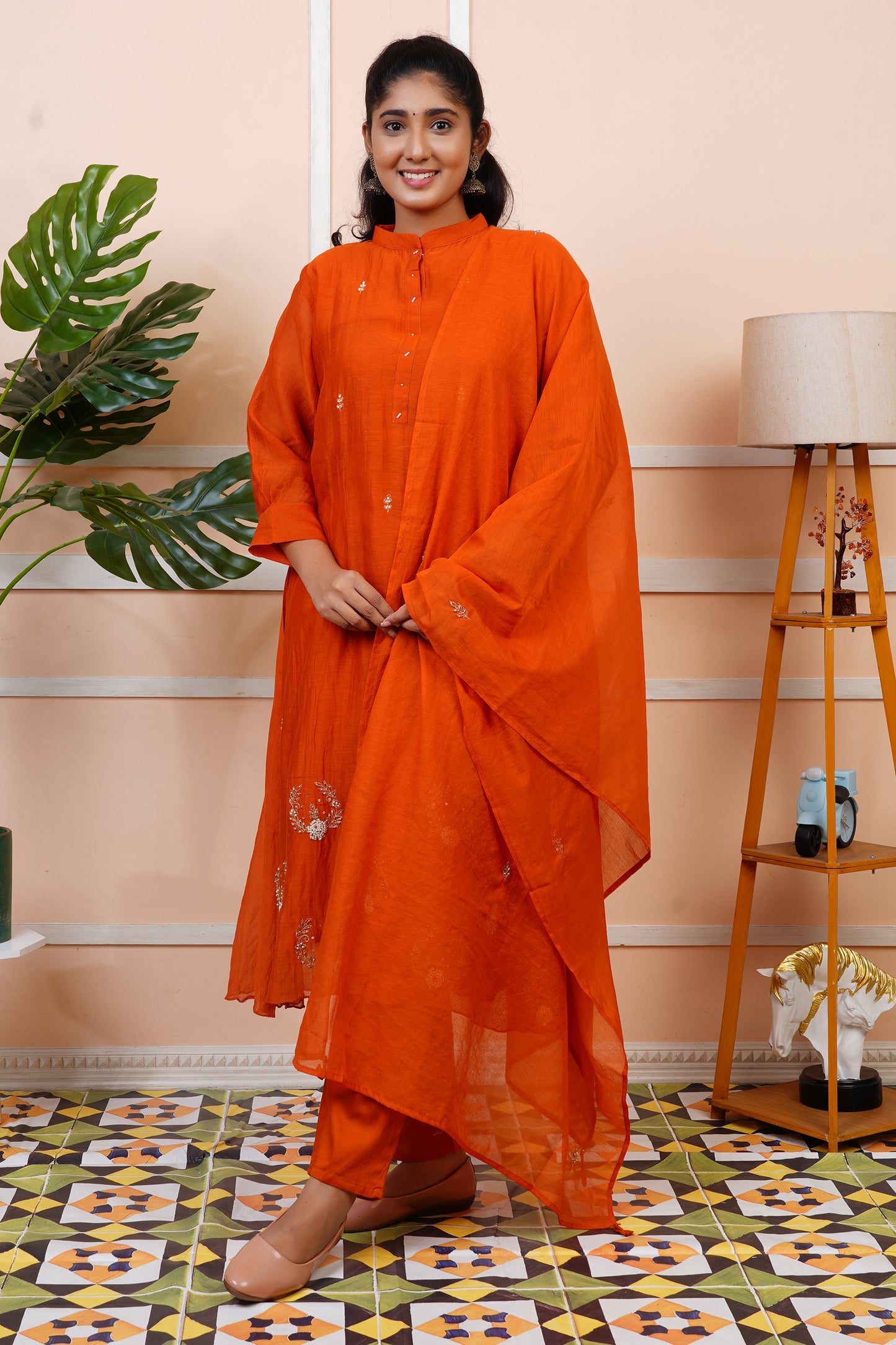 Women Orange Partywear Mul Chanderi Kurta set With Dupatta | LASVINI