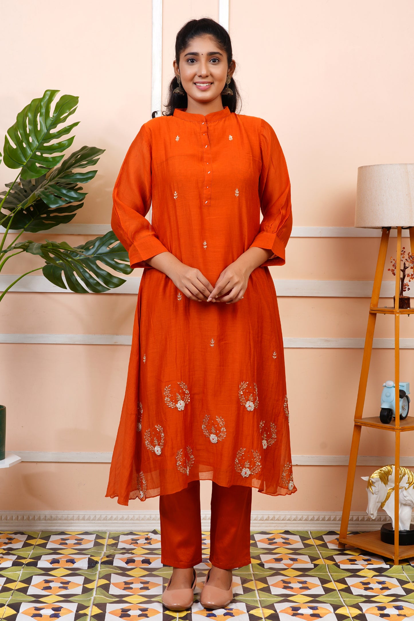 Women Orange Partywear Mul Chanderi Kurta set With Dupatta | LASVINI