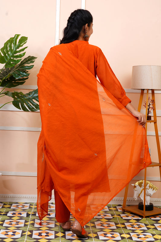 Women Orange Partywear Mul Chanderi Kurta set With Dupatta | LASVINI