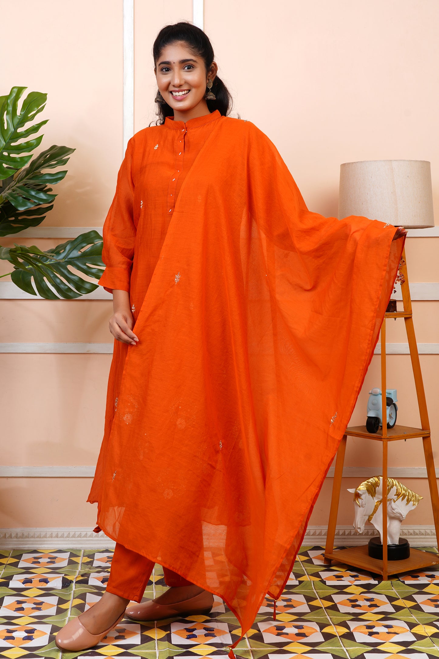 Women Orange Partywear Mul Chanderi Kurta set With Dupatta | LASVINI