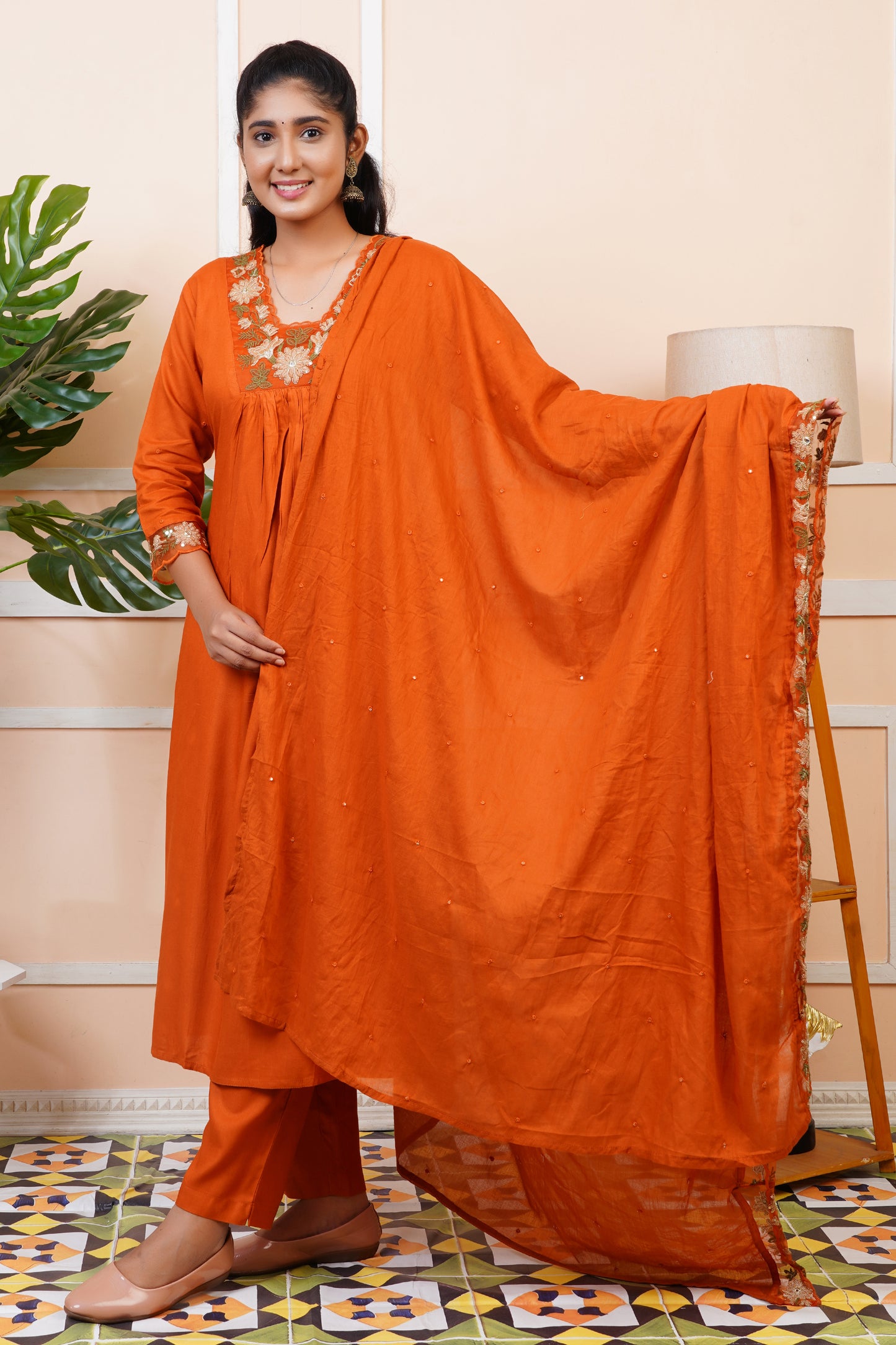Women Rust Orange Embroidery A-Line Kurta Set with Dupatta | LASVINI