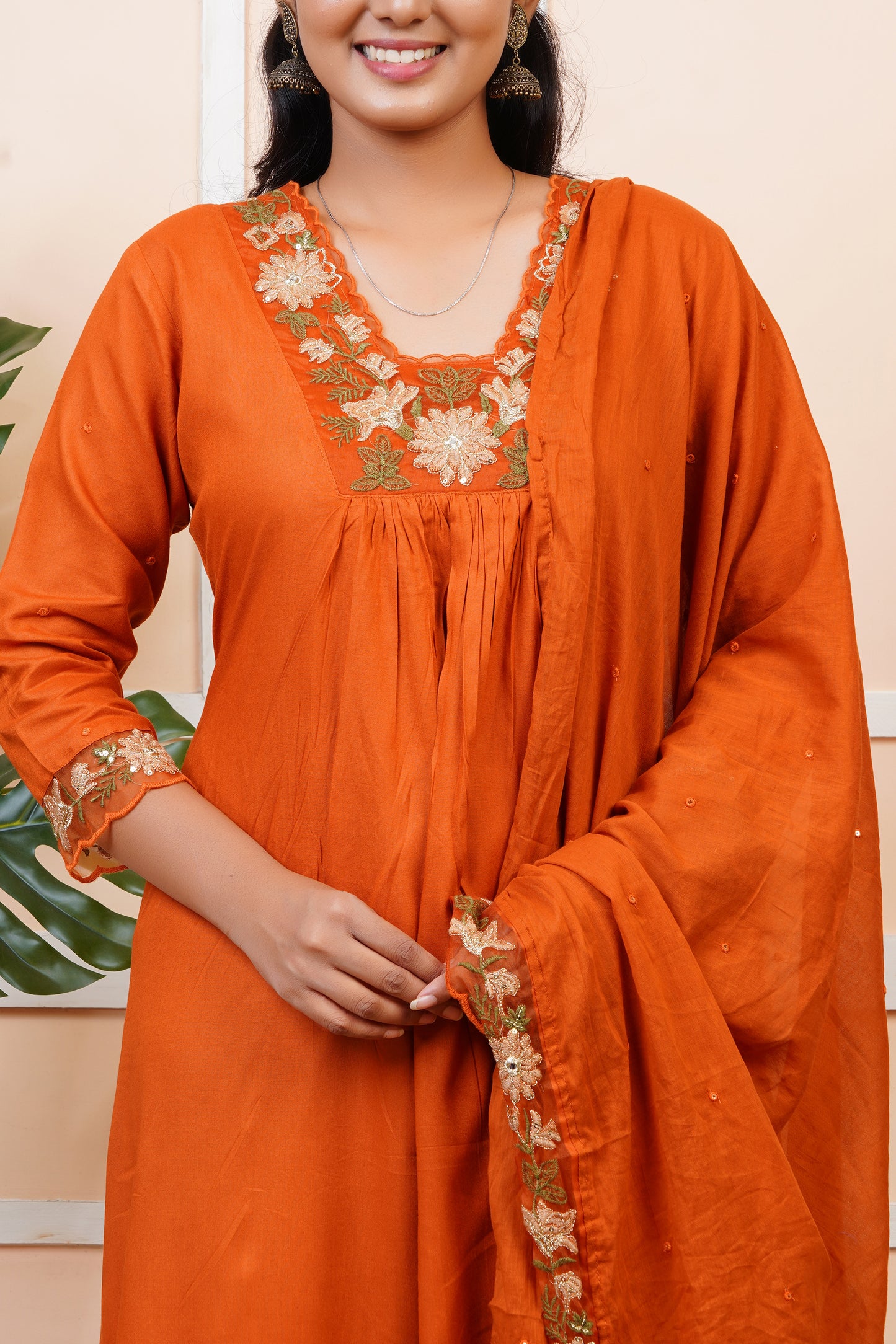 Women Rust Orange Embroidery A-Line Kurta Set with Dupatta | LASVINI