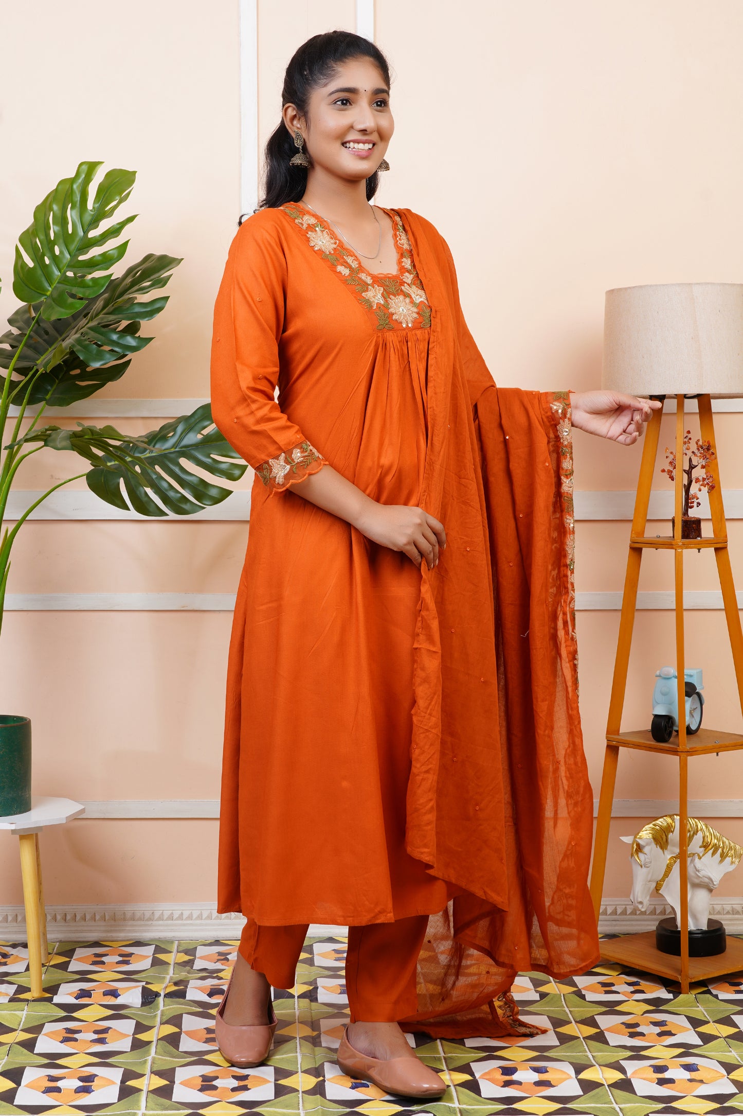 Women Rust Orange Embroidery A-Line Kurta Set with Dupatta | LASVINI