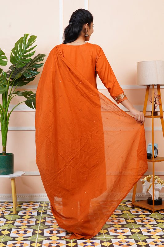 Women Rust Orange Embroidery A-Line Kurta Set with Dupatta | LASVINI