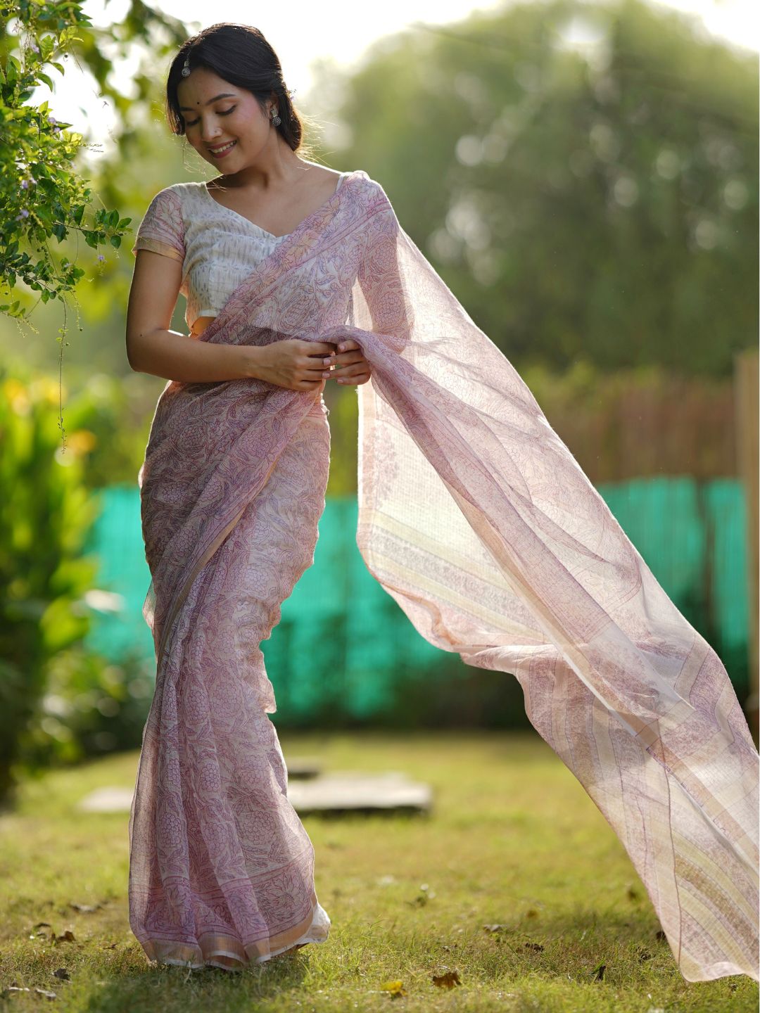 Pink Hand Block Cotton Kota Doria Saree | LASVINI - Redefining Indian Fashion with Elegance
