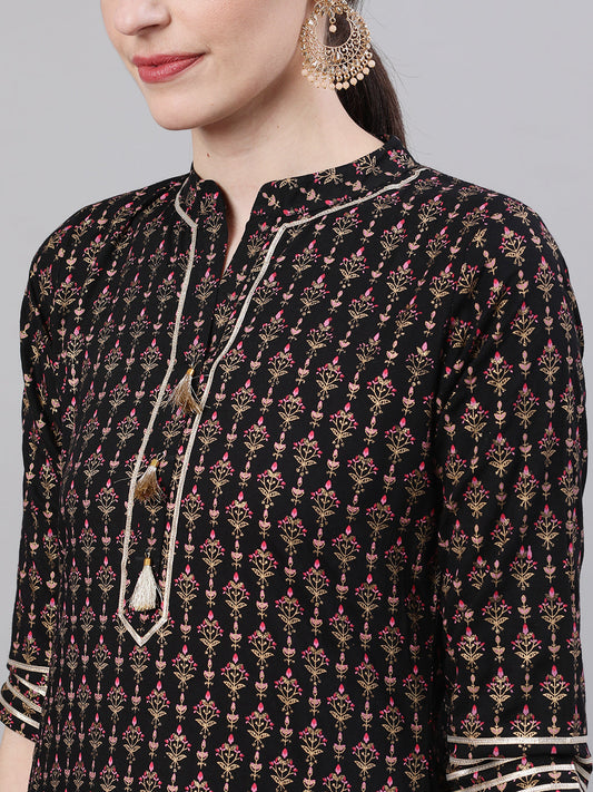 Women Black Three-Quarter Sleeves Straight Kurta Skirt With Dupatta | LASVINI - Redefining Indian Fashion with Elegance