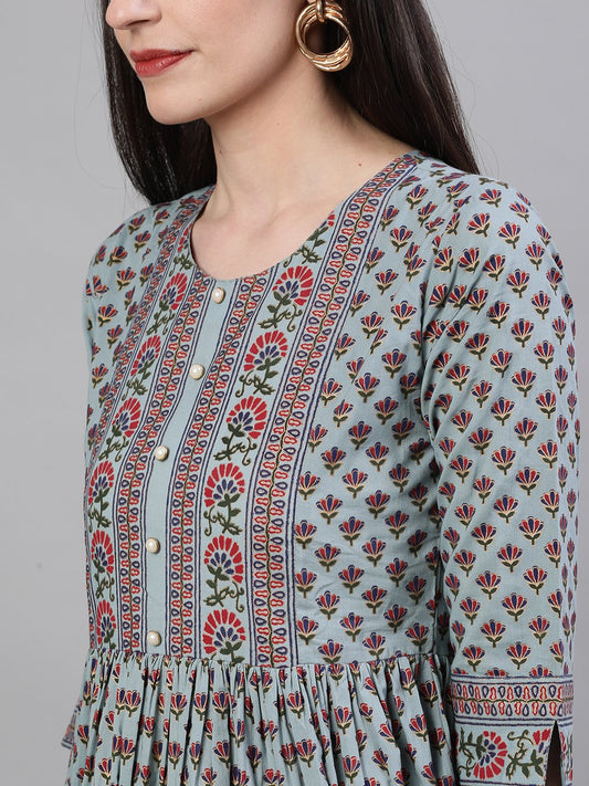 Women Blue Ethnic Motifs Printed Round Neck Cotton Maxi Dress | LASVINI - Redefining Indian Fashion with Elegance