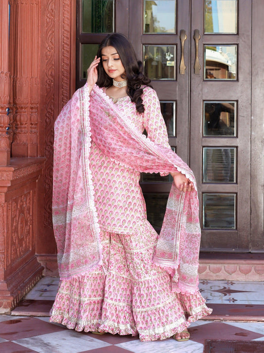 Pink Floral Hand Block Printed Kurta Sharara Set With Dupatta | LASVINI - Redefining Indian Fashion with Elegance