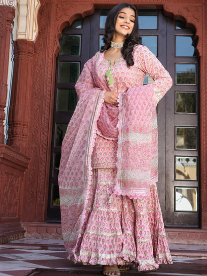 Pink Floral Hand Block Printed Kurta Sharara Set With Dupatta | LASVINI - Redefining Indian Fashion with Elegance
