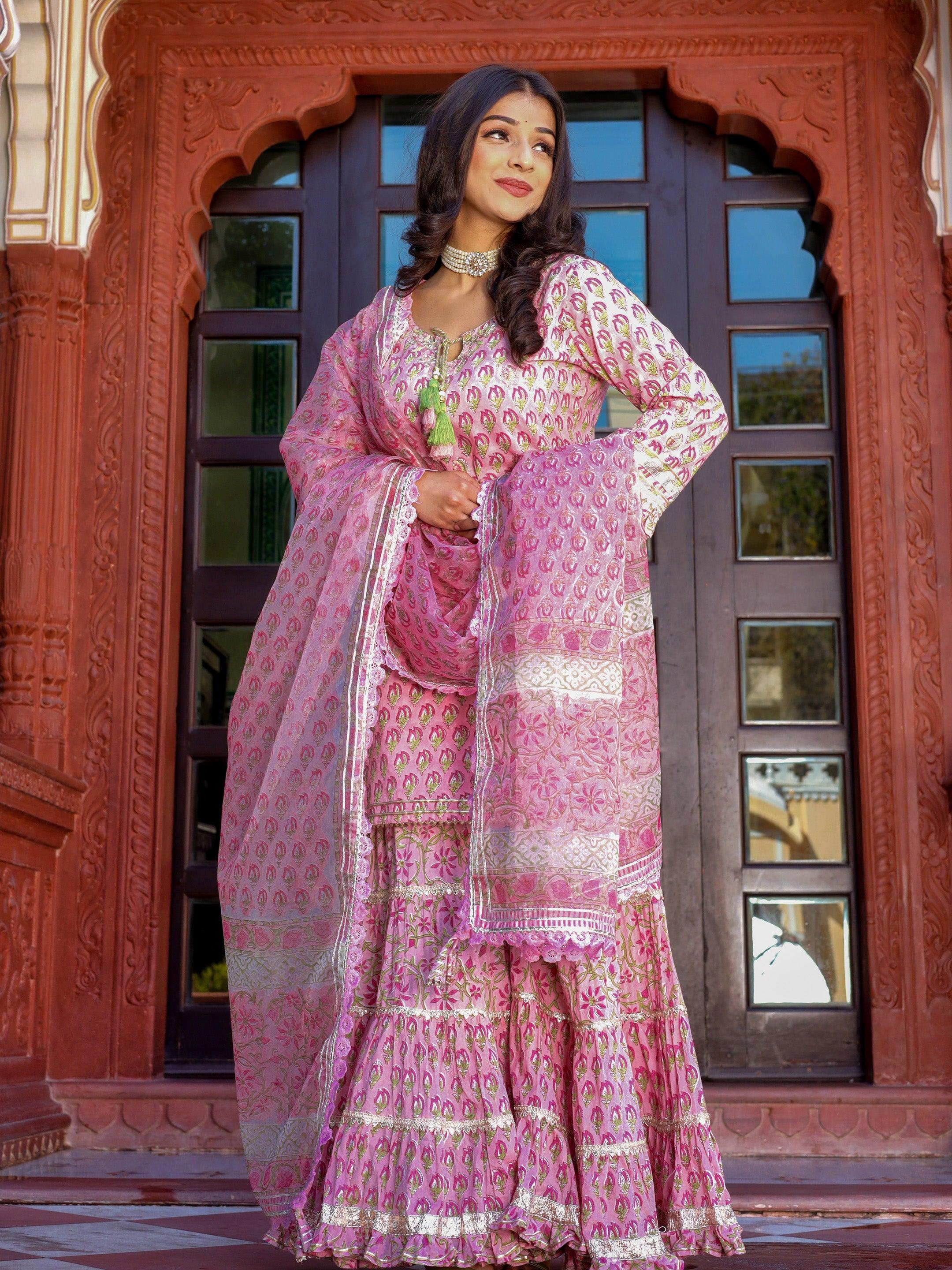 Pink Floral Hand Block Printed Kurta Sharara Set With Dupatta | LASVINI - Redefining Indian Fashion with Elegance