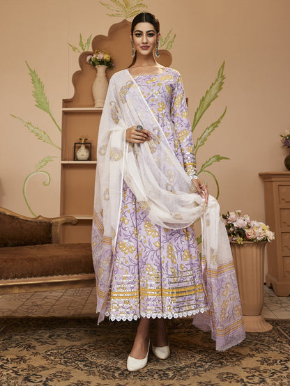 Hand Block Printed Lavender Anarkali Cotton Kurta With Trousers & Dupatta | LASVINI - Redefining Indian Fashion with Elegance