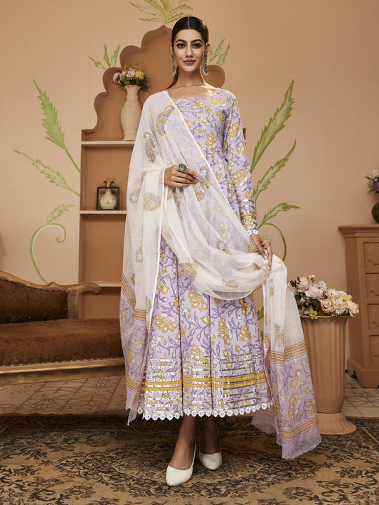 Hand Block Printed Lavender Anarkali Cotton Kurta With Trousers & Dupatta | LASVINI - Redefining Indian Fashion with Elegance