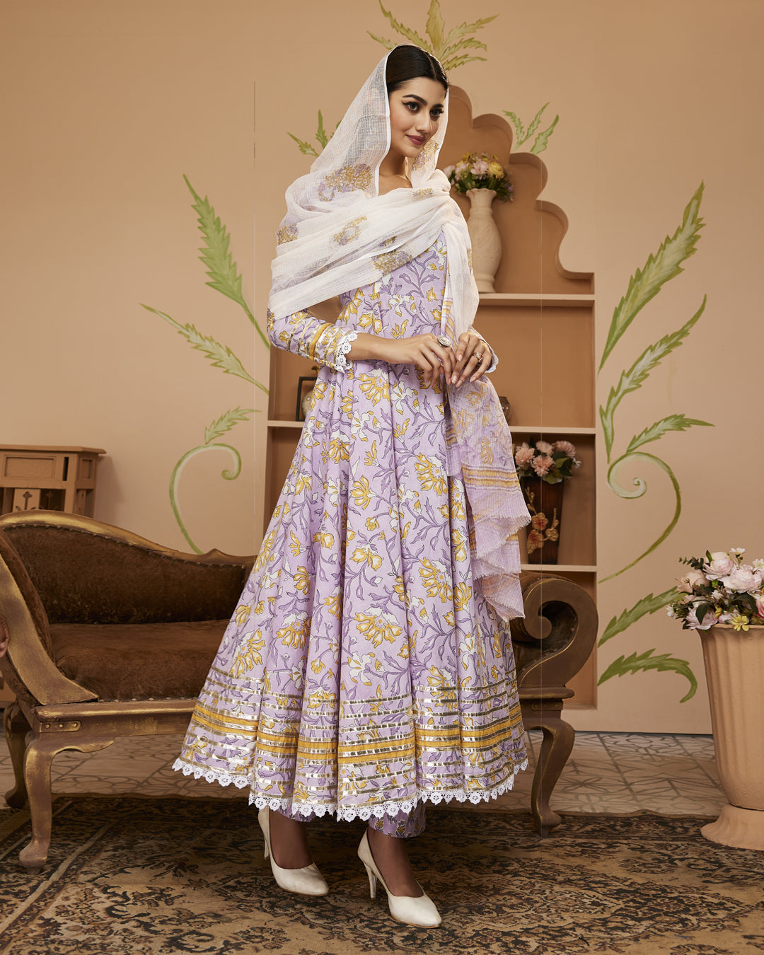 Hand Block Printed Lavender Anarkali Cotton Kurta With Trousers & Dupatta | LASVINI - Redefining Indian Fashion with Elegance
