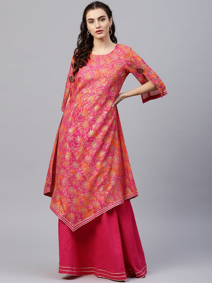 Floral Printed Round Neck 3/4Th Sleeve With A Slit Assymetric Kurta With Solid A-Line Skirt With Gota Detailing | LASVINI - Redefining Indian Fashion with Elegance