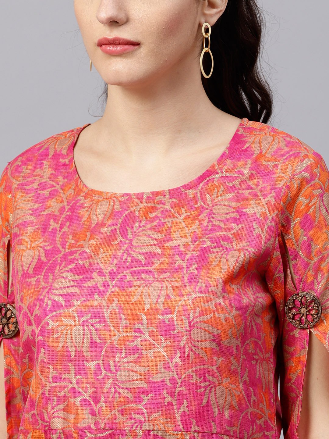 Floral Printed Round Neck 3/4Th Sleeve With A Slit Assymetric Kurta With Solid A-Line Skirt With Gota Detailing | LASVINI - Redefining Indian Fashion with Elegance