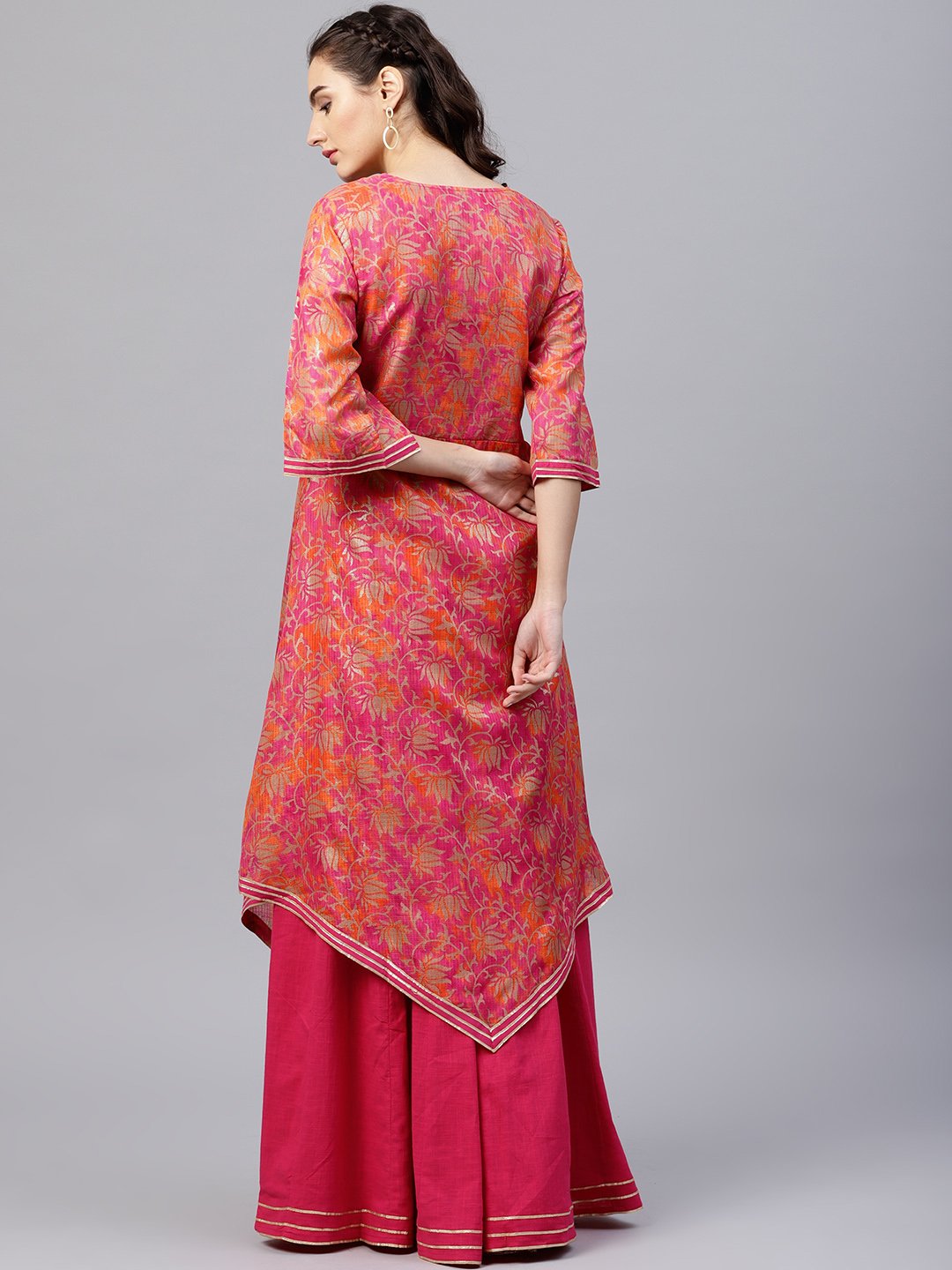 Floral Printed Round Neck 3/4Th Sleeve With A Slit Assymetric Kurta With Solid A-Line Skirt With Gota Detailing | LASVINI - Redefining Indian Fashion with Elegance