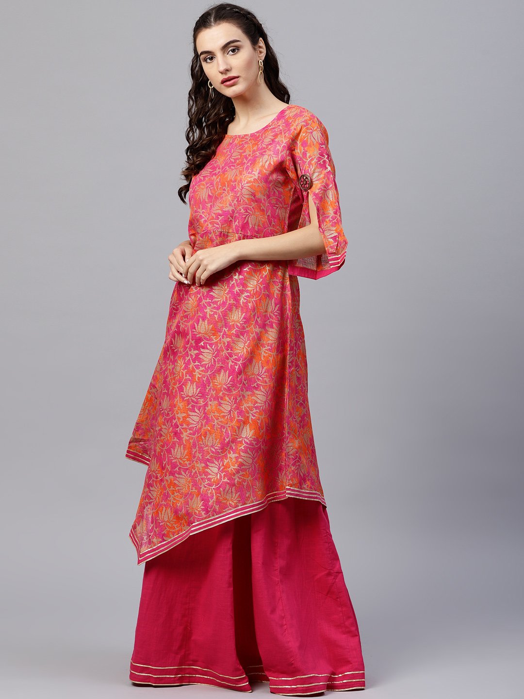 Floral Printed Round Neck 3/4Th Sleeve With A Slit Assymetric Kurta With Solid A-Line Skirt With Gota Detailing | LASVINI - Redefining Indian Fashion with Elegance
