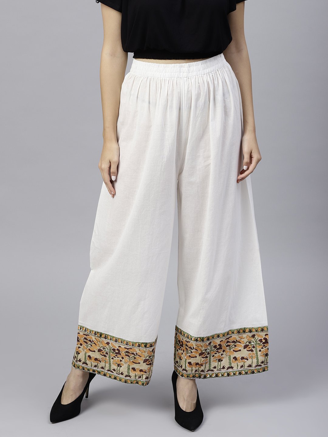 White Ankle Length Cotton Regular Fit Palazzo With Border Printed | LASVINI - Redefining Indian Fashion with Elegance