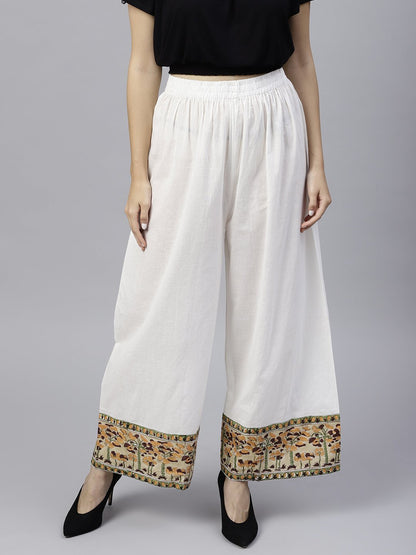White Ankle Length Cotton Regular Fit Palazzo With Border Printed | LASVINI - Redefining Indian Fashion with Elegance