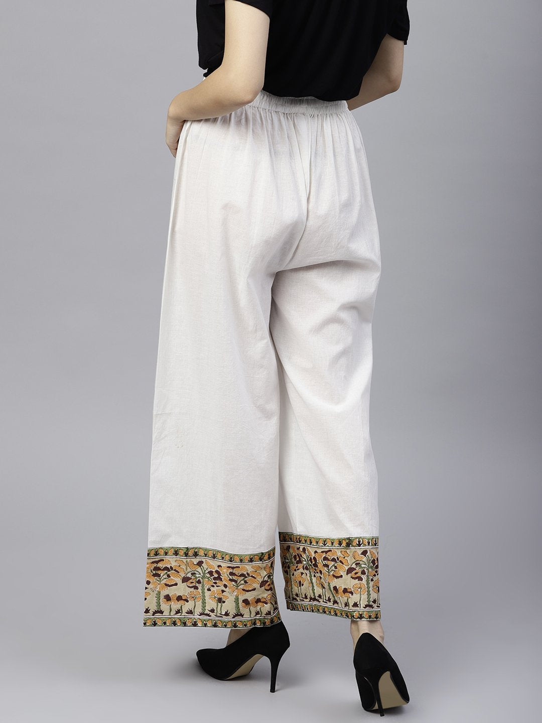 White Ankle Length Cotton Regular Fit Palazzo With Border Printed | LASVINI - Redefining Indian Fashion with Elegance