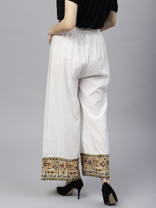 White Ankle Length Cotton Regular Fit Palazzo With Border Printed | LASVINI - Redefining Indian Fashion with Elegance