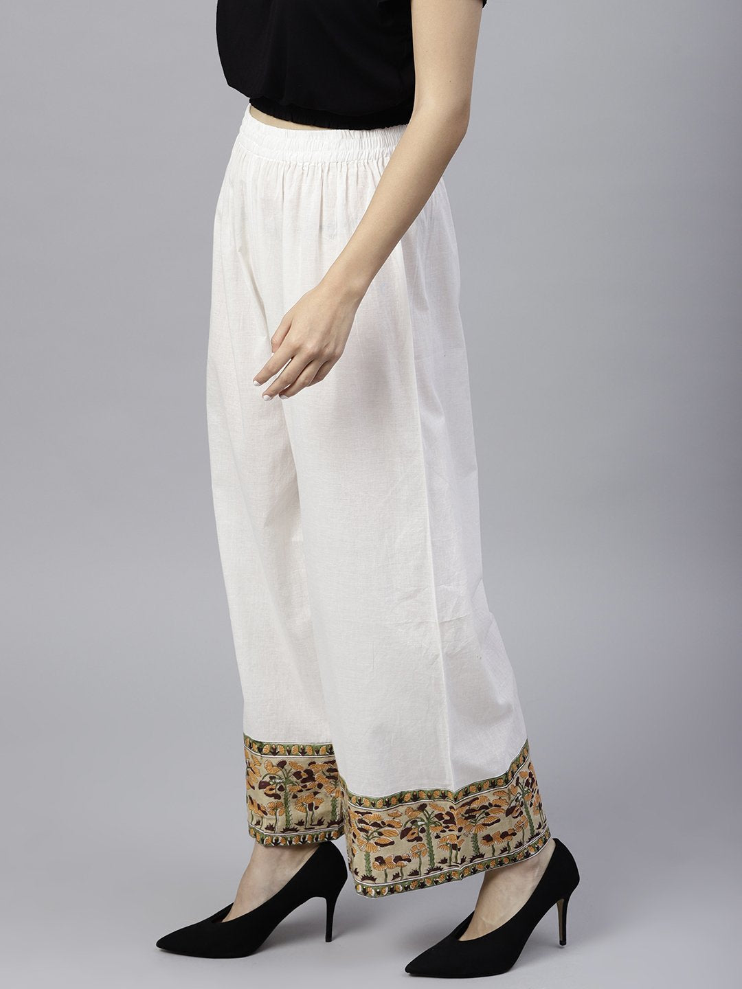 White Ankle Length Cotton Regular Fit Palazzo With Border Printed | LASVINI - Redefining Indian Fashion with Elegance
