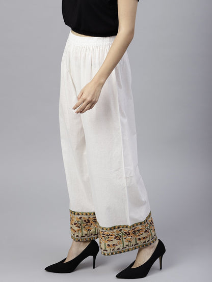 White Ankle Length Cotton Regular Fit Palazzo With Border Printed | LASVINI - Redefining Indian Fashion with Elegance