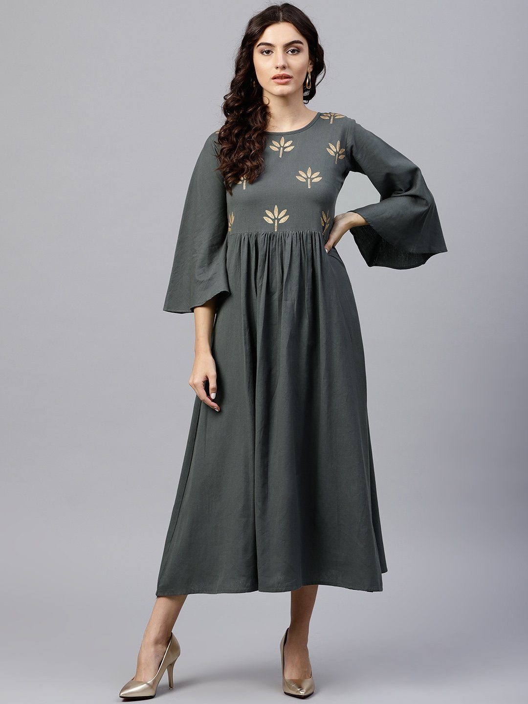 Solid Grey 3/4Th Sleeve Maxi Dress With Block Printed At Yoke | LASVINI - Redefining Indian Fashion with Elegance