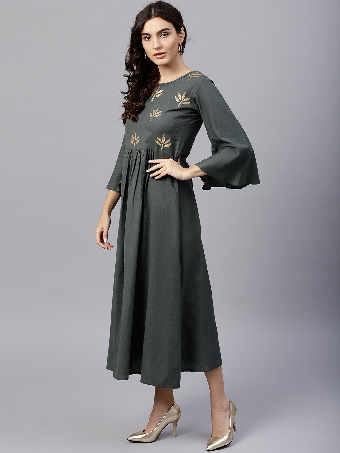 Solid Grey 3/4Th Sleeve Maxi Dress With Block Printed At Yoke | LASVINI - Redefining Indian Fashion with Elegance