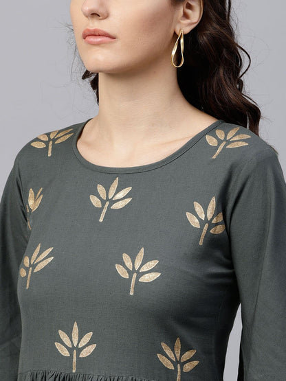 Solid Grey 3/4Th Sleeve Maxi Dress With Block Printed At Yoke | LASVINI - Redefining Indian Fashion with Elegance