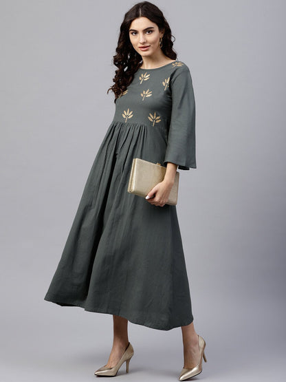 Solid Grey 3/4Th Sleeve Maxi Dress With Block Printed At Yoke | LASVINI - Redefining Indian Fashion with Elegance