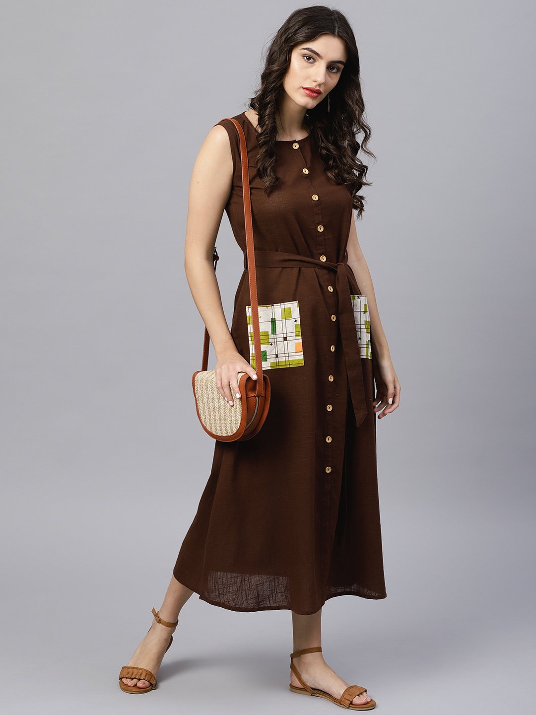 Round Neck Brown Maxi Dress With Front Placket And Belt | LASVINI - Redefining Indian Fashion with Elegance