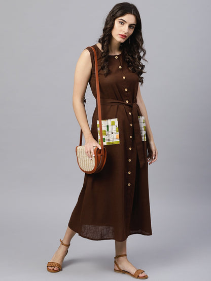 Round Neck Brown Maxi Dress With Front Placket And Belt | LASVINI - Redefining Indian Fashion with Elegance