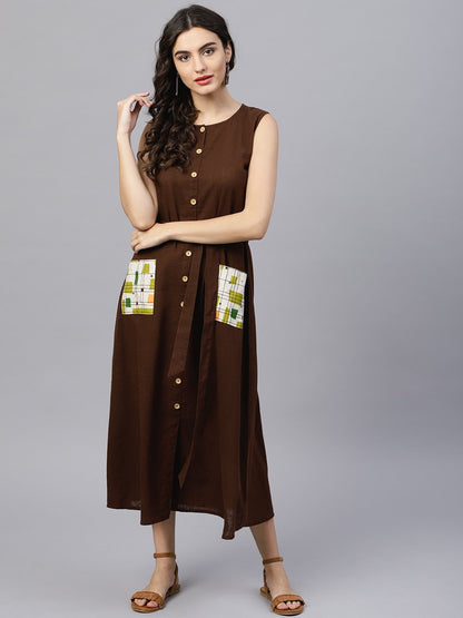 Round Neck Brown Maxi Dress With Front Placket And Belt | LASVINI - Redefining Indian Fashion with Elegance