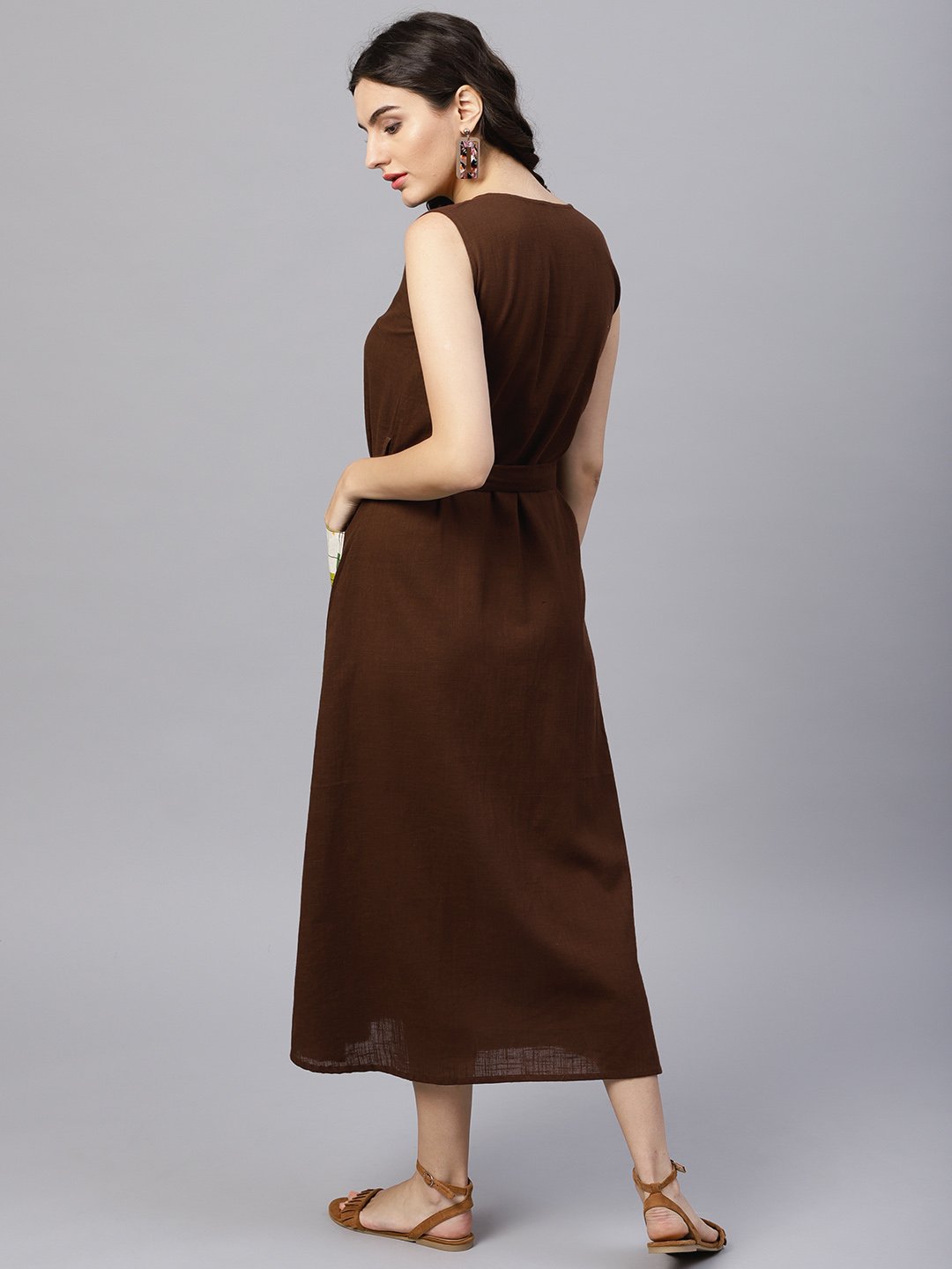 Round Neck Brown Maxi Dress With Front Placket And Belt | LASVINI - Redefining Indian Fashion with Elegance