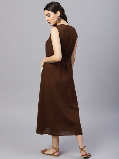 Round Neck Brown Maxi Dress With Front Placket And Belt | LASVINI - Redefining Indian Fashion with Elegance