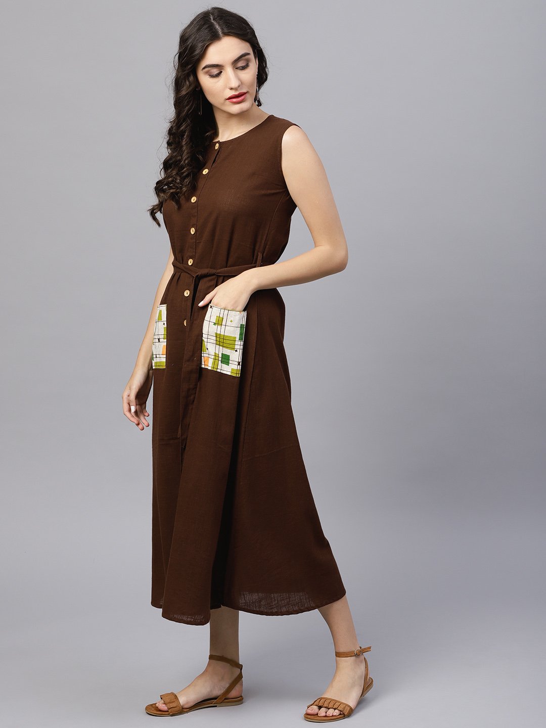 Round Neck Brown Maxi Dress With Front Placket And Belt | LASVINI - Redefining Indian Fashion with Elegance