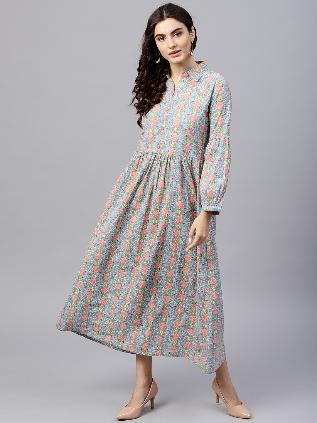 Powder Blue Printed Maxi Dress With Shirt Collar And Full Sleeves | LASVINI - Redefining Indian Fashion with Elegance