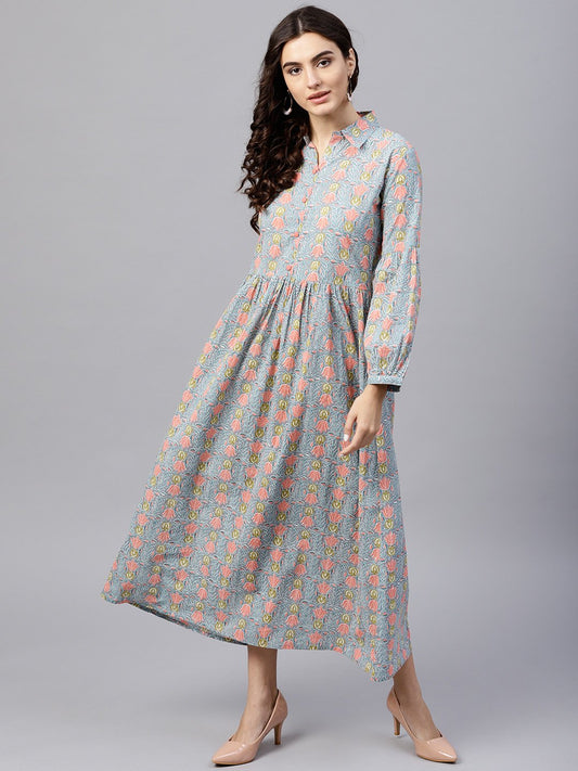 Powder Blue Printed Maxi Dress With Shirt Collar And Full Sleeves | LASVINI - Redefining Indian Fashion with Elegance