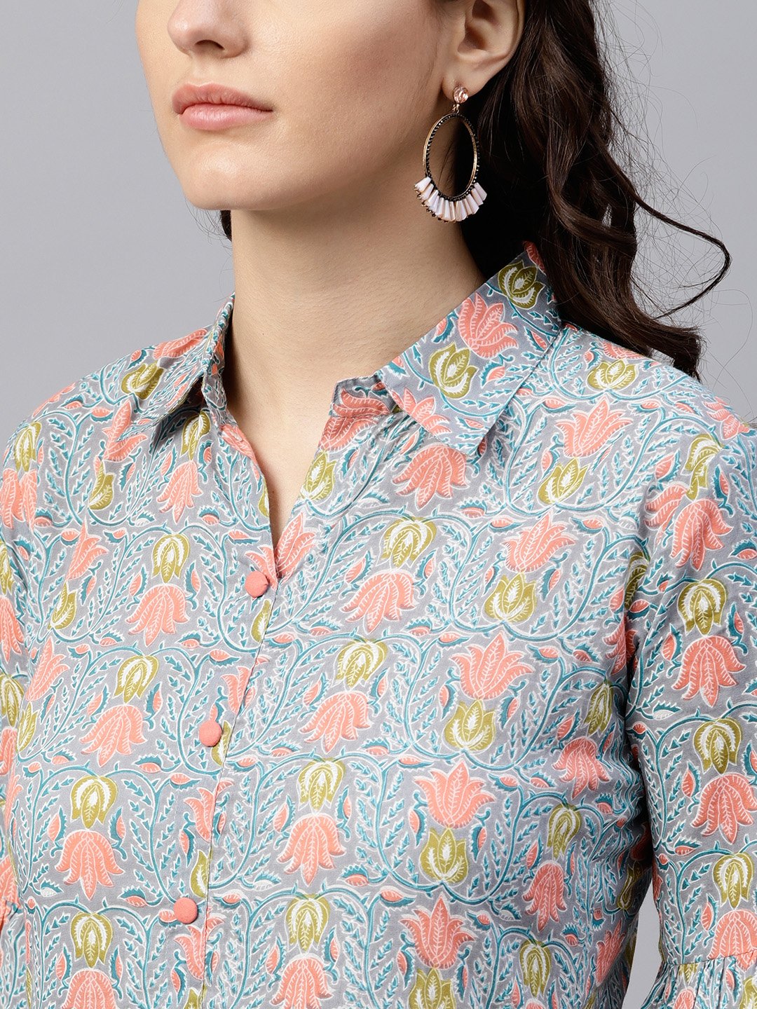 Powder Blue Printed Maxi Dress With Shirt Collar And Full Sleeves | LASVINI - Redefining Indian Fashion with Elegance