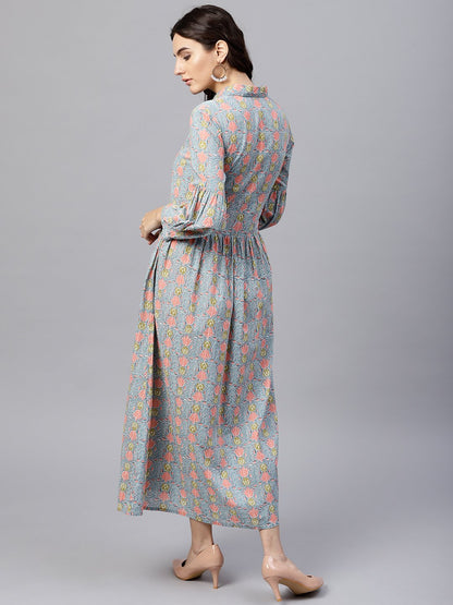 Powder Blue Printed Maxi Dress With Shirt Collar And Full Sleeves | LASVINI - Redefining Indian Fashion with Elegance