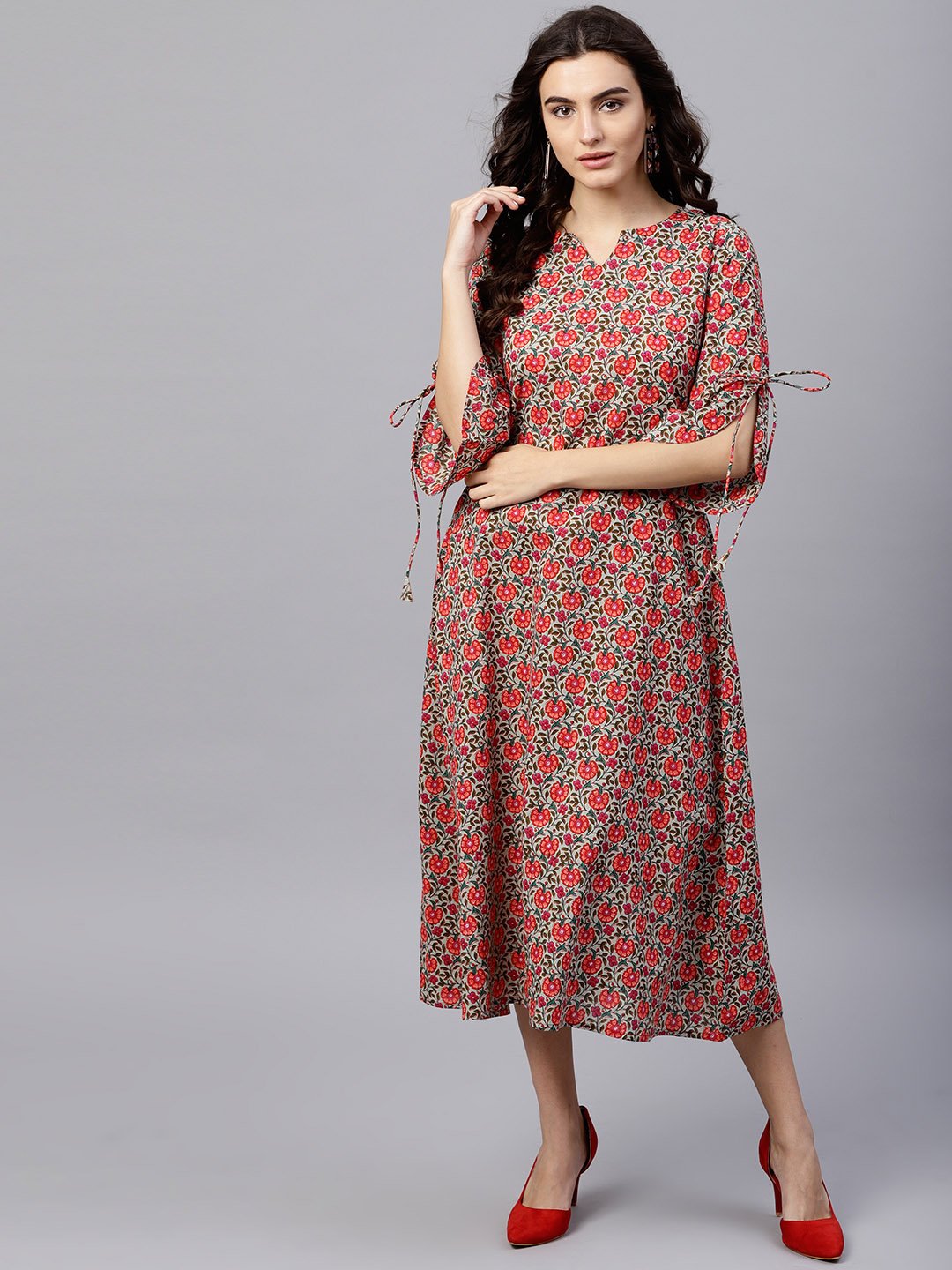 Floral Multi Printed A-Line Kurta With Keyhole Neck And 3/4 Sleeves | LASVINI - Redefining Indian Fashion with Elegance