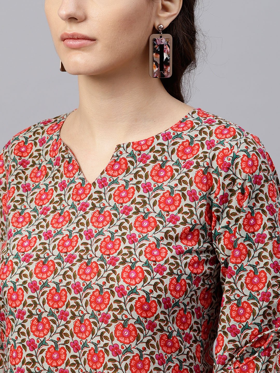 Floral Multi Printed A-Line Kurta With Keyhole Neck And 3/4 Sleeves | LASVINI - Redefining Indian Fashion with Elegance