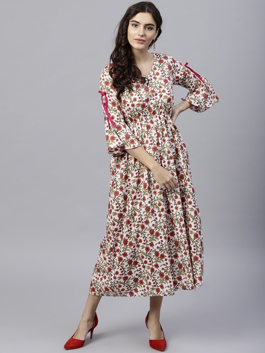 White Cotton Floral Printed A-Line Maxi Dress With V-Neck And Flared Sleeves | LASVINI - Redefining Indian Fashion with Elegance