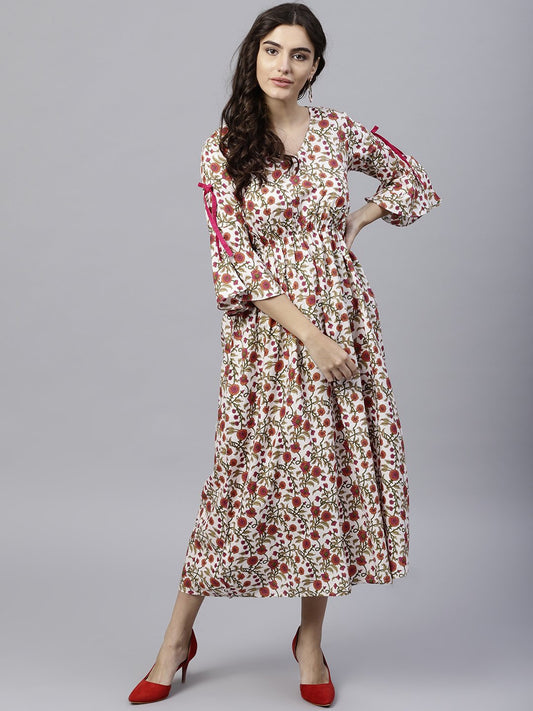White Cotton Floral Printed A-Line Maxi Dress With V-Neck And Flared Sleeves | LASVINI - Redefining Indian Fashion with Elegance